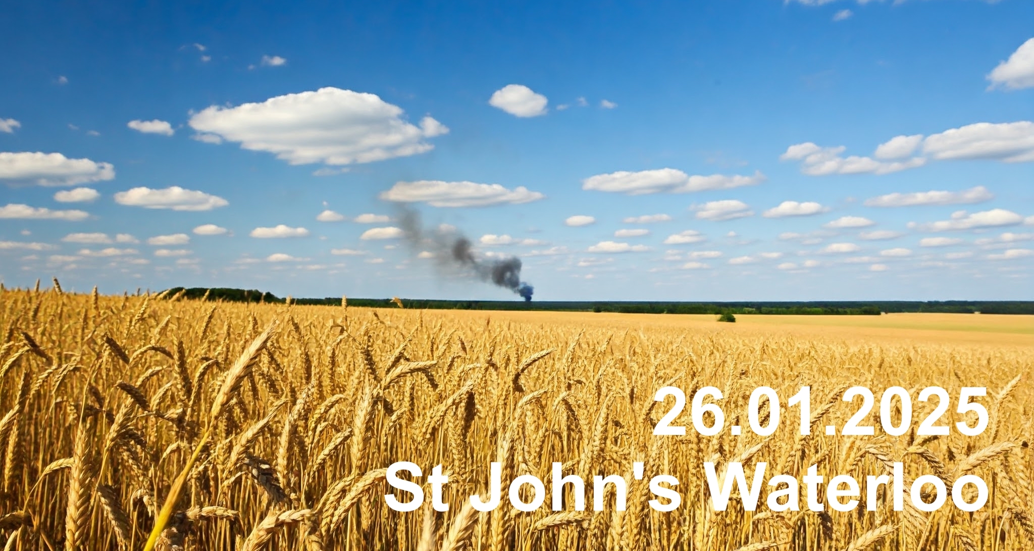 Concert image - wheat field with fire in background and concert date and location text.